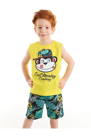 Denokids Cool Monkey Boys' Sleeveless Yellow T-shirt Tropical Shorts Set