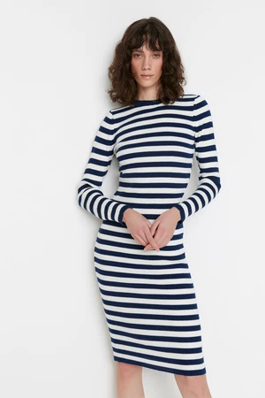 Trendyol Navy Navy Blue Fitted Mini Sweater Stripe Dress
