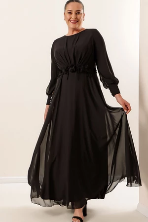 By Saygı Lined Long Chiffon Dress with Floral Detail Wide Sizes Dark Indigo.