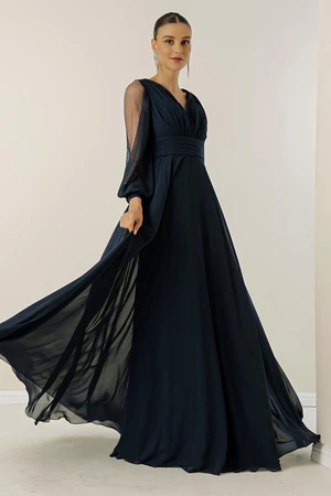 By Saygı Front Back V-Neck Draped Long Sleeves Tulle Lined Wide Body Split Long Chiffon Dress.