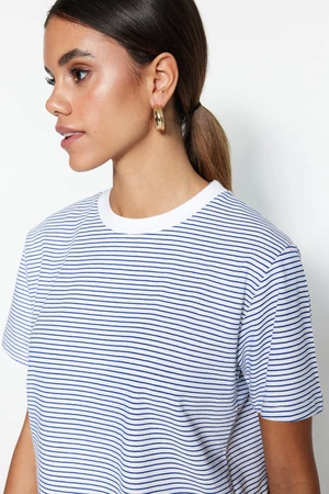 Trendyol Navy Blue Ecru Striped Premium Basic Crew Neck Knitted T-Shirt