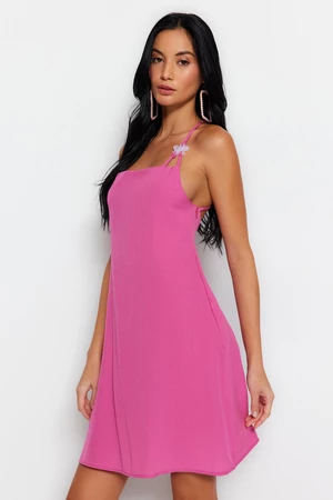 Trendyol Pink Mini Weave V-necked Beach Dress
