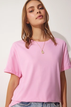 Happiness İstanbul Women's Pink Crew Neck Cotton Loose Knitted T-Shirt