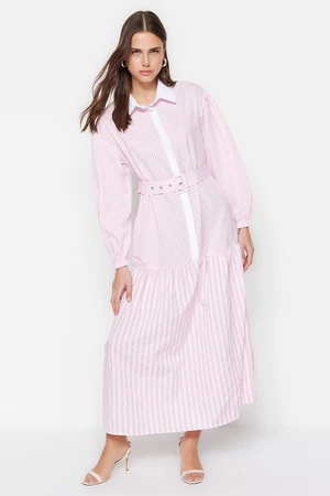 Trendyol Pink Striped Woven Dress With Belt Detailed Half Pats