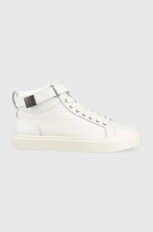 Kožené sneakers boty Calvin Klein HIGH TOP LACE UP W/PLAQUE bílá barva, HM0HM00973