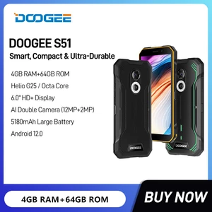 DOOGEE S51 Rugged Waterproof Smartphones 12MP AI Double Camera Octa Core 4GB +64GB 6.0 Inch HD 5180mAh Battery NFC Mobile Phones