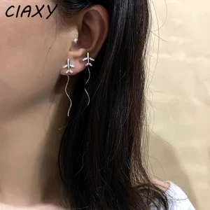 CIAXY Silver Color Zircon Airplane Earrings for Women Personality Long Wave Earrings Korean Fashion Jewelry