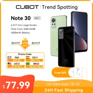 Cubot Note 30, Android Smartphone, Octa-core, 4GB+64GB(256GB Extended), 6.517-Inch Screen, 4000mAh,20MP,Dual SIM 4G Mobile Phone