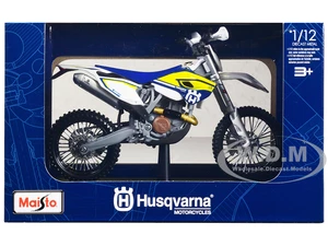 Husqvarna FE 501 White and Blue with Yellow Stripes 1/12 Diecast Motorcycle Model by Maisto
