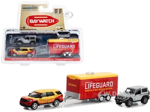 2016 Ford Explorer "Emerald Bay Beach Patrol Lifeguard" Yellow and Red with 2013 Jeep Wrangler Rubicon Gray and Enclosed Car Hauler "Baywatch" (2017)