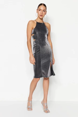 Trendyol Gray Fitted Knitted Evening Dress with Shimmering