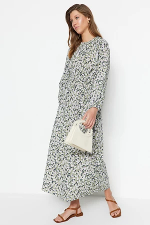 Trendyol svetlozelený kvetinový vzor Gipe detail, tkané bavlnené šaty