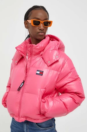 Péřová bunda Tommy Jeans dámská, růžová barva, zimní