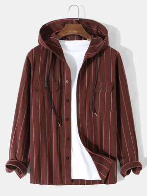 Mens Striped Printed Pockets Front Buttons Drawstring Hooded Coats