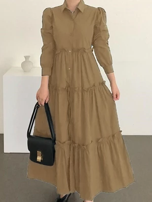 Women Solid Color Puff Sleeve Loose Layered Pleated Lapel Maxi Dress