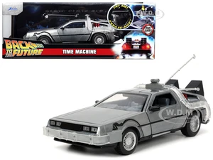 DeLorean Brushed Metal Time Machine with Lights "Back to the Future" (1985) Movie "Hollywood Rides" Series 1/24 Diecast Model Car by Jada