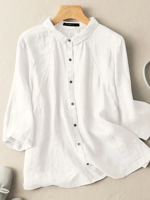 Solid Button Front Lapel 3/4 Sleeve Casual Blouse