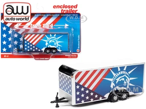 4-Wheel Enclosed Car Trailer Patriotic with Graphics 1/64 Diecast Model by Auto World