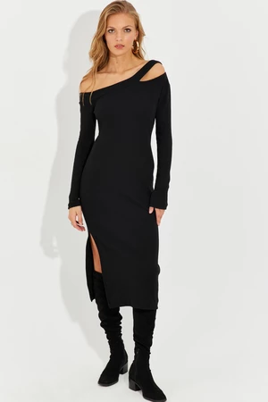 Cool & Sexy Women's Black Asymmetrical Collar Window Slit Midi Dress