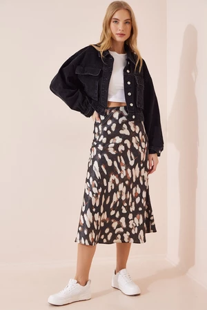 Happiness İstanbul Women's Anthracite Patterned Satin Surface Skirt
