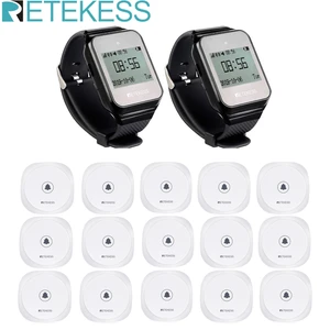 Retekess Wireless Restaurant Pager 2Pcs TD108 Watch Receiver + 15Pcs TD017 Call Button Transmitter For Coffee Bar Hotel Clinic