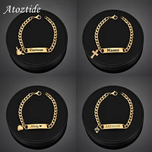 Atoztide Engrave Name Heart Cross Bracelet Stainless Steel For Men Women Adjustable Cuban Chain Personalized Jewelry Gift
