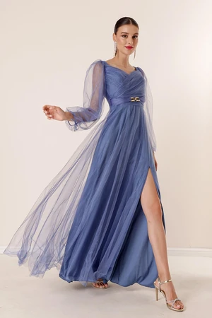 By Saygı Front Back V-Neck Waist Stony Draped Lined Long Tulle Dress