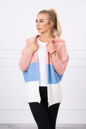 Tříbarevný svetr s kapucí pudrově růžová+azurová+ecru