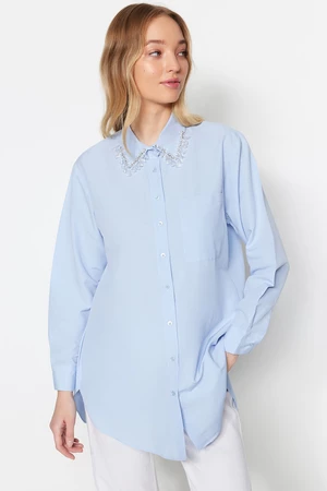 Trendyol Blue Collar Woven Cotton Shirt with Accessory Detail