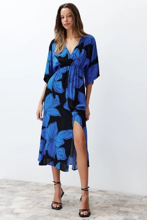 Trendyol Blue Floral Print A-line Double-breasted Collar Midi Woven Dress