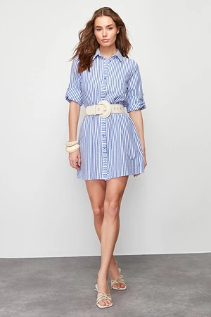 Trendyol Blue Belt Striped Mini Woven Shirt Dress