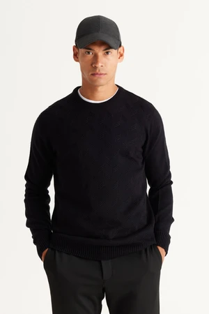 AC&Co / Altınyıldız Classics Men's Black Standard Fit Normal Cut Crew Neck Jacquard Knitwear Sweater.