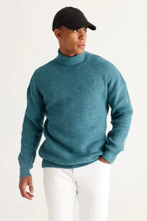 AC&Co / Altınyıldız Classics Men's Petrol Oversize Loose Fit Full Turtleneck Patterned Raised Soft Textured Knitwear Sweater