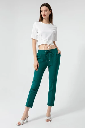 Lafaba Women's Emerald Green Carrot Pants with a Lace-Up Waist