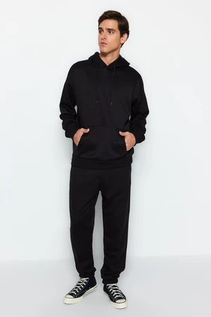 Trendyol Black Men's Oversized Basic Basic Hoodie with Elastic Legs, Basic Inside, Soft Pile Cotton Tracksuit Set.