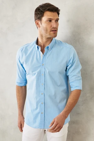 AC&Co / Altınyıldız Classics Men's Blue Slim Fit Slim Fit Button Down Collar 100% Cotton Plain Casual Shirt.