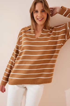 Happiness İstanbul Women's Dark Biscuit Polo Collar Striped Knitwear Sweater