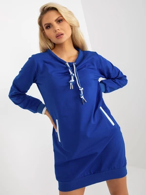 Základné mini šaty s kapucňou z bavlny v kobaltovej modrej farbe