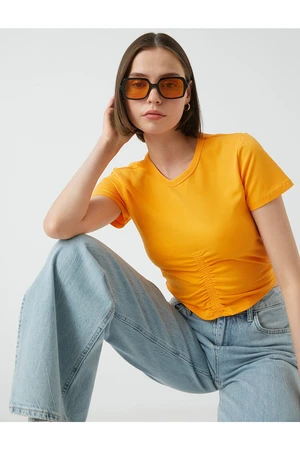 Koton Crop Crew Neck Shirring Detail Short Sleeved T-Shirt Cotton.
