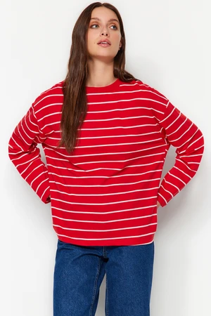 Trendyol Red Striped Oversize/Wide-Fit Crew Neck Thin Knitted Sweatshirt