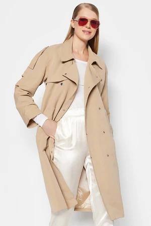 Trendyol Beige Oversized Belted Trench Coat with Snap Fastener