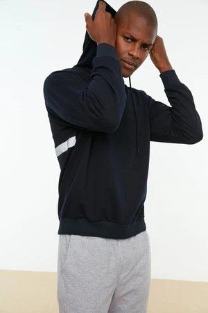 Trendyol Men's Navy Blue Oversize/Wide-Fit Long Sleeve Hooded Striped Cotton Sweatshirt