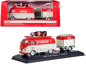 1960 Volkswagen T1 Kombi Van with Trailer Red and Cream "Coca-Cola" 1/43 Diecast Model Car by Motor City Classics