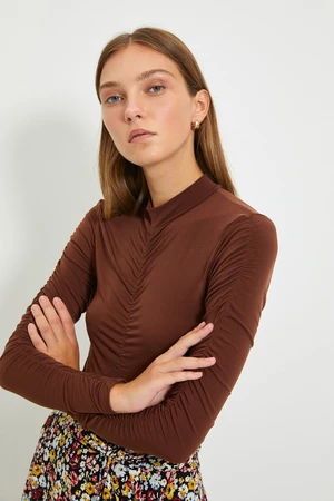 Trendyol Brown Slim Shirred Detailed Knitted Body with Snap fastener