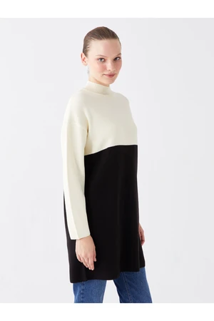 LC Waikiki Half Turtleneck Women's Knitwear Tunic with Color Block Long Sleeve Oversized