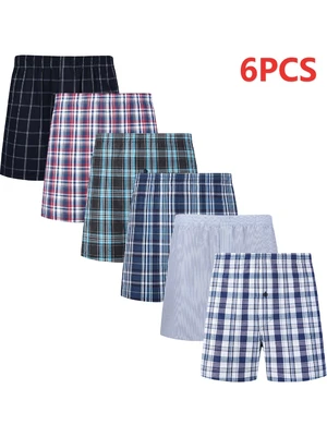 JupiterSecret 6 Pcs Boxer Shorts Casual Plaid Elastic Waistband Button Mens Boxer Underwear Woven Shorts For Home