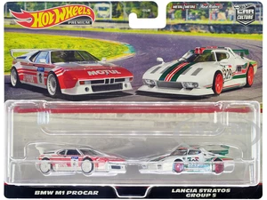 BMW M1 Procar 8 White with Red Stripes and Lancia Stratos Group 5 829 White with Stripes "Car Culture" Set of 2 Cars Diecast Model Cars by Hot Wheels