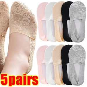 5Pairs Fashion Women Girls Summer Socks Style Lace Flower Short Sock Silicone Non-Slip Invisible Breathable Boat Ankle Socks