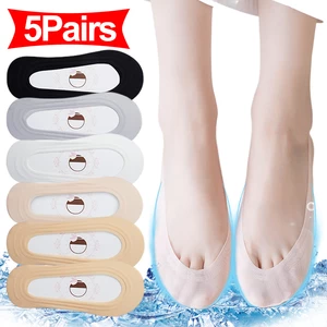 5pairs Women Silicone Anti-slip Invisible Socks Ice Silk Ankle Summer Ultra-thin Breathable Sock Shoe Slippers Low Cut Boat Sock