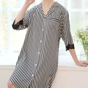 19 MM Mulberry Silk Nightdress Women's Striped Shirt Silk Pajamas Summer Silk Home Large-Sized Skirt